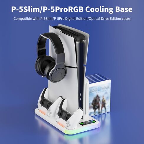 PS5 Slim/Pro Stand with 3 Level Cooling Fans, Dual Controller Charging Station & 2 USB Ports, RGB LED Light Console Stand in Saudi Arabia
