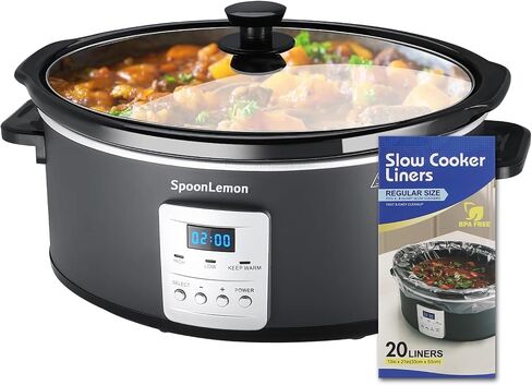 7QT Slow Cooker, Electric Programmable Cooker with 20H Timer & 3 Heat Settings, Oval Ceramic Pot — Ideal for Family Meals & Meal Prep, Compatible with 20 Count 13"x21" Cooking Liners in Kuwait