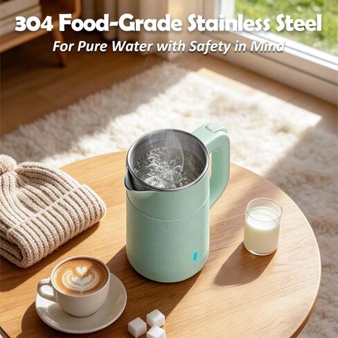 Small Electric Kettle 0.8L, 600W, 304 Stainless Steel Inner, Green | Auto Shut-Off, Boil Dry Protection, BPA-Free, Fast Water Heater for Dorm Office Travel in Saudi Arabia