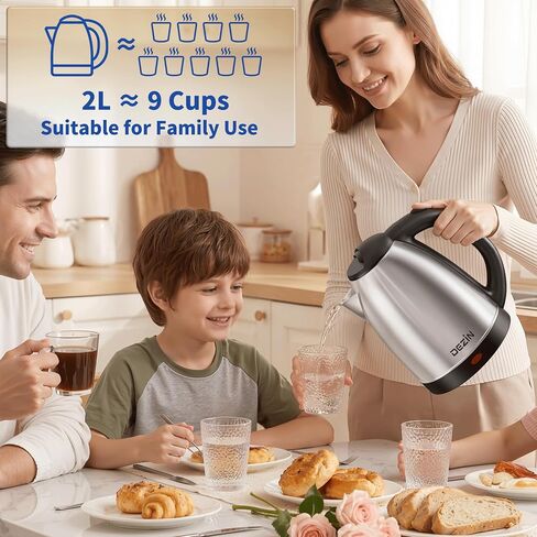 DEZIN 2L Electric Kettle, Fast Boil Electric Tea Kettle, 1000W Water Boiler | BPA-Free Electric Water Kettle Stainless Steel, Auto Shut-Off & Boil-Dry Protection, Ideal for Boiling Water, Coffee, Tea in Saudi Arabia