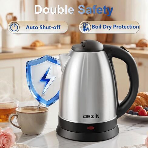 DEZIN 2L Electric Kettle, Fast Boil Electric Tea Kettle, 1000W Water Boiler | BPA-Free Electric Water Kettle Stainless Steel, Auto Shut-Off & Boil-Dry Protection, Ideal for Boiling Water, Coffee, Tea in Saudi Arabia