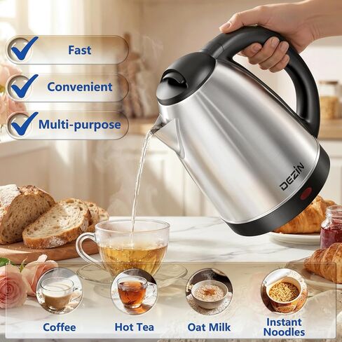 DEZIN 2L Electric Kettle, Fast Boil Electric Tea Kettle, 1000W Water Boiler | BPA-Free Electric Water Kettle Stainless Steel, Auto Shut-Off & Boil-Dry Protection, Ideal for Boiling Water, Coffee, Tea in Saudi Arabia