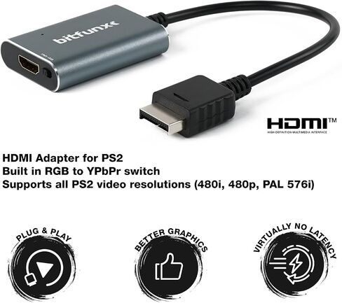 BITFUNX PS2 to HDMI™ Adapter, for PS2 Console All Version | Supports RGB and YPbPr Component Modes for PS2 Games, with Built-in Switch, Plug&Play, No Delay, No Extra Power in Saudi Arabia