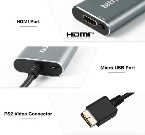 BITFUNX PS2 to HDMI™ Adapter, for PS2 Console All Version | Supports RGB and YPbPr Component Modes for PS2 Games, with Built-in Switch, Plug&Play, No Delay, No Extra Power in Saudi Arabia