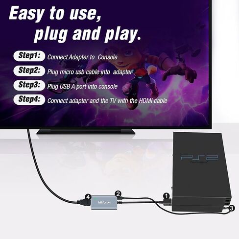 BITFUNX PS2 to HDMI™ Adapter, for PS2 Console All Version | Supports RGB and YPbPr Component Modes for PS2 Games, with Built-in Switch, Plug&Play, No Delay, No Extra Power in Saudi Arabia