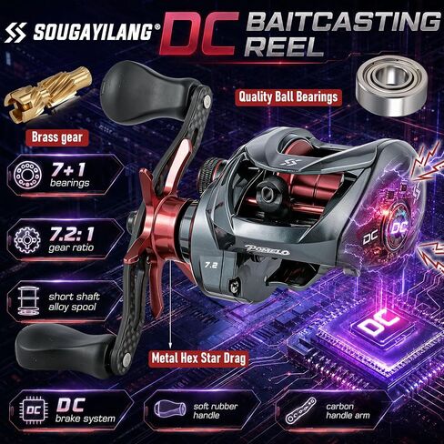 Sougayilang Upgraded DC Baitcasting Reel with Digital Control Braking, Carbon Fiber Handle, 7+1 Stainless Steel Bearings, 7.2:1 Gear Ratio, Brass Gear, Audible Drag Clicker in Saudi Arabia