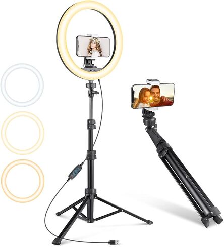 Aureday 12" Ring Light with Stand and Phone Holder, 79" Tall LED Circle Light with Weighted Base & Remote, Dimmable Floor Lamp for Video Recording, Barber, Live Stream, Makeup, Photography in Saudi Arabia