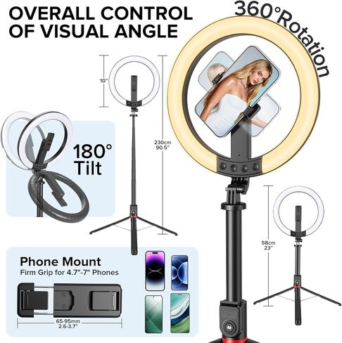 10" Ring Light with Stand 90'' Tall for iPhone & Android, Light with Tripod | Selfie Light with Extendable Tripod Stand, Phone Holder, Remote for YouTube, Makeup,TIKTok, Vlogging in Saudi Arabia
