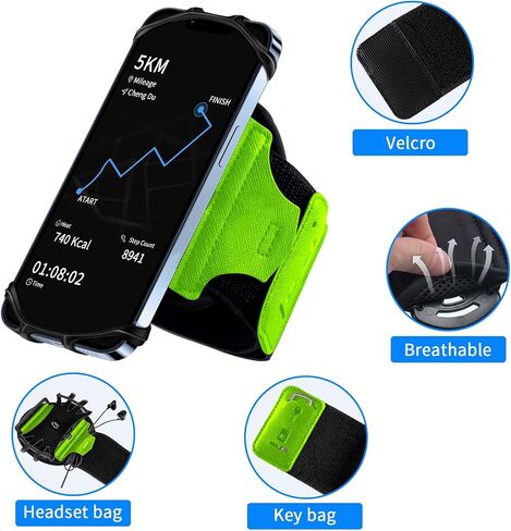 Wristband Phone Holder for 4''-6.5''Phone, 360°Rotation & Detachable | Green Sports Armband for Running with Key Holder for iPhone 17/16/15/14/13/12/11/Pro/XS/XR/X/8/7/6/Plus, for Samsung Galaxy in Saudi Arabia