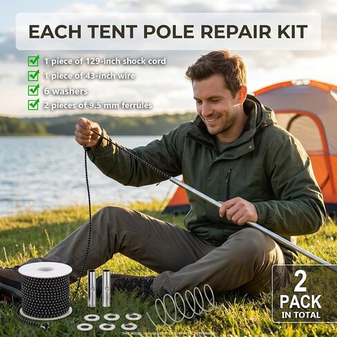 2 Set Tent Pole Repair Kit, Universal Nylon Tent Poles Replacement Kit | Tent Kit with 2 Shock Cord, 12 Washers, 4 Metal Tubes and 2 Iron Lead Wire, Repair Accessories for Camping Hiking Backpacking in Saudi Arabia