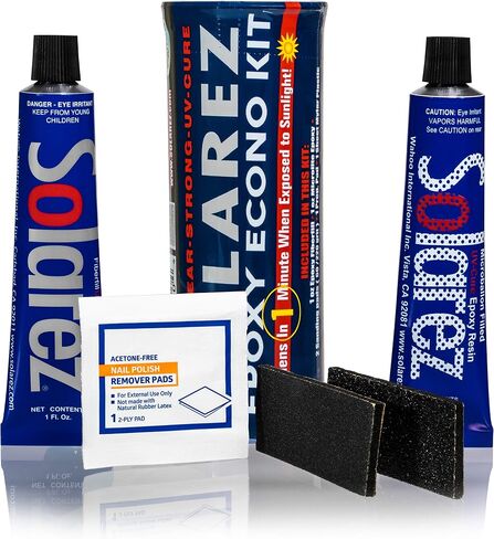 SOLAREZ EPOXY Econo Gift KIT ~ UV Cure Surfboard Repair Epoxy, SUP, Wakeboard Repair, w Epoxy Fiberfil Putty, Tube Microlite Epoxy Putty, 2 Grit Sand Pads and Acetone Prep-Pad~ Made in the USA in Saudi Arabia