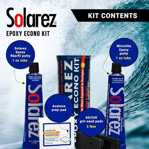 SOLAREZ EPOXY Econo Gift KIT ~ UV Cure Surfboard Repair Epoxy, SUP, Wakeboard Repair, w Epoxy Fiberfil Putty, Tube Microlite Epoxy Putty, 2 Grit Sand Pads and Acetone Prep-Pad~ Made in the USA in Saudi Arabia