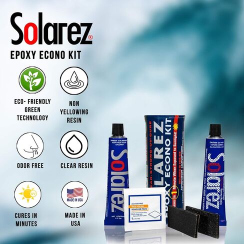 SOLAREZ EPOXY Econo Gift KIT ~ UV Cure Surfboard Repair Epoxy, SUP, Wakeboard Repair, w Epoxy Fiberfil Putty, Tube Microlite Epoxy Putty, 2 Grit Sand Pads and Acetone Prep-Pad~ Made in the USA in Saudi Arabia