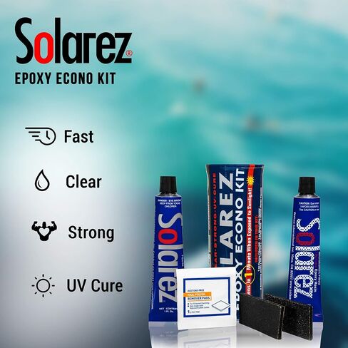 SOLAREZ EPOXY Econo Gift KIT ~ UV Cure Surfboard Repair Epoxy, SUP, Wakeboard Repair, w Epoxy Fiberfil Putty, Tube Microlite Epoxy Putty, 2 Grit Sand Pads and Acetone Prep-Pad~ Made in the USA in Saudi Arabia