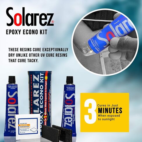 SOLAREZ EPOXY Econo Gift KIT ~ UV Cure Surfboard Repair Epoxy, SUP, Wakeboard Repair, w Epoxy Fiberfil Putty, Tube Microlite Epoxy Putty, 2 Grit Sand Pads and Acetone Prep-Pad~ Made in the USA in Saudi Arabia