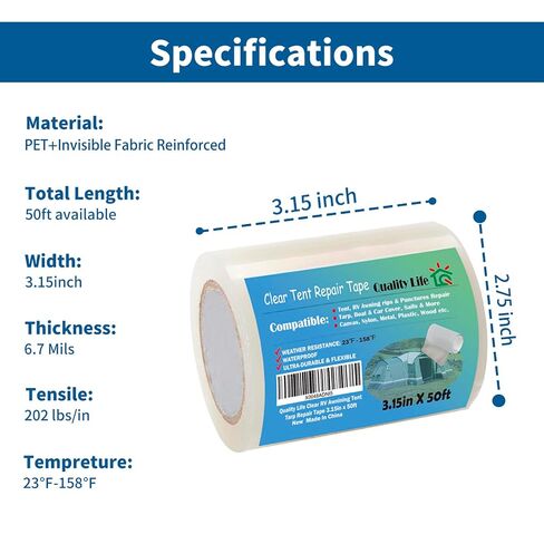 RV Awning Repair Tape，Clear Tent Repair Tape Waterproof, for Tarp,Canvas，Boat Covers, Sail, Heavy Duty High Adhesive - 3.15in x 50ft in Saudi Arabia
