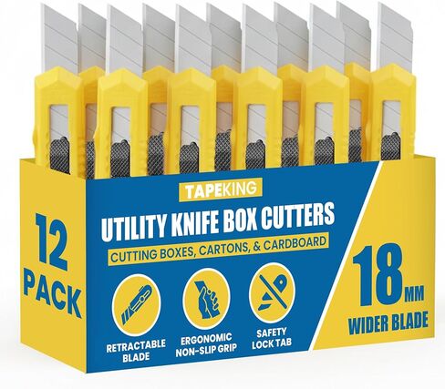 Tape King Utility Knife Set (12 Pack) | 18mm Wide Blade Box Cutter | Retractable Design, Compact And Versatile for Home, Crafts, Warehouse, Cartons, Cardboard, Office Supplies and Packaging in Saudi Arabia