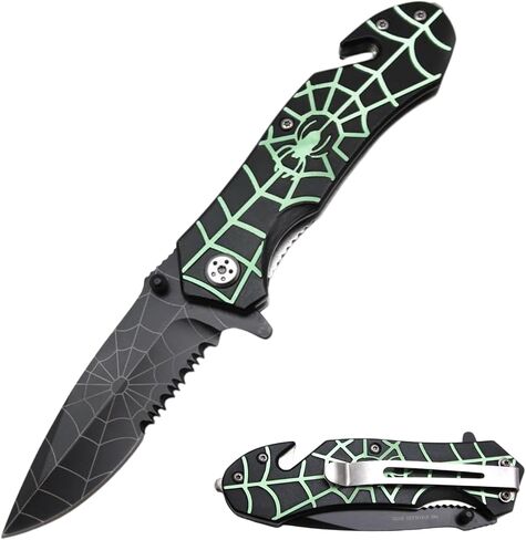 سكين جيب شبكي عنكبوت خيالي تكتيكي من Snake Eye - سكين قابل للطي EDC شديد التحمل مقاس 8 بوصات، شفرة نصف مسننة من الفولاذ المقاوم للصدأ 440 مقاس 3.5 بوصة، مقبض معدني عنكبوت ثلاثي الأبعاد مع قاطع حزام الأمان وكسارة زجاجية، مشبك جيب (أسود وأحمر 707) in Kuwait