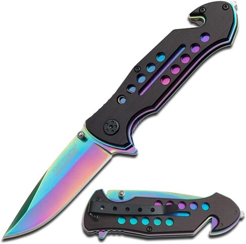 Tac-Force- Folding Pocket Knife – Rainbow TiNite Coated Drop Point Blade and Liner, Black Aluminum Handle w/Rope Cutter, Glass Punch, and Pocket Clip, Tactical, EDC, Rescue - TF-509 in Saudi Arabia