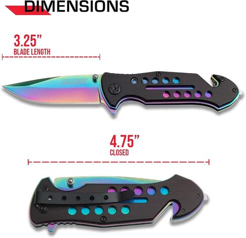 Tac-Force- Folding Pocket Knife – Rainbow TiNite Coated Drop Point Blade and Liner, Black Aluminum Handle w/Rope Cutter, Glass Punch, and Pocket Clip, Tactical, EDC, Rescue - TF-509 in Saudi Arabia