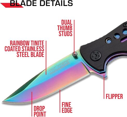 Tac-Force- Folding Pocket Knife – Rainbow TiNite Coated Drop Point Blade and Liner, Black Aluminum Handle w/Rope Cutter, Glass Punch, and Pocket Clip, Tactical, EDC, Rescue - TF-509 in Saudi Arabia