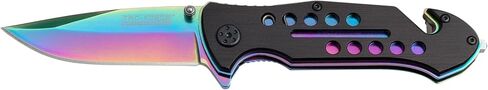 Tac-Force- Folding Pocket Knife – Rainbow TiNite Coated Drop Point Blade and Liner, Black Aluminum Handle w/Rope Cutter, Glass Punch, and Pocket Clip, Tactical, EDC, Rescue - TF-509 in Saudi Arabia