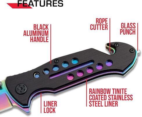 Tac-Force- Folding Pocket Knife – Rainbow TiNite Coated Drop Point Blade and Liner, Black Aluminum Handle w/Rope Cutter, Glass Punch, and Pocket Clip, Tactical, EDC, Rescue - TF-509 in Saudi Arabia
