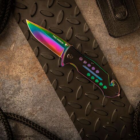 Tac-Force- Folding Pocket Knife – Rainbow TiNite Coated Drop Point Blade and Liner, Black Aluminum Handle w/Rope Cutter, Glass Punch, and Pocket Clip, Tactical, EDC, Rescue - TF-509 in Saudi Arabia