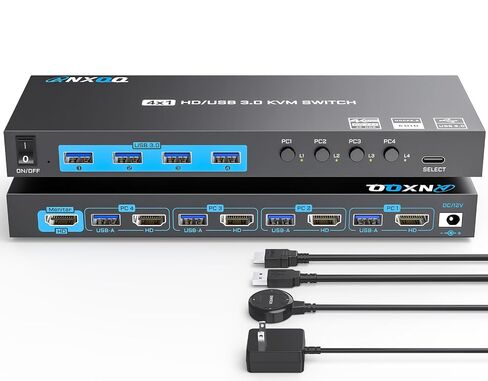 4K HDMI KVM Switch 4 Computers 1 Monitor, ANXQQ 4 Port KVM Switch EDID Function Share 4 USB 3.0 Ports for Use with Keyboard Mouse Printer, Included Wired Remote, Power Adapter, HDMI Cable, USB Cable in Kuwait