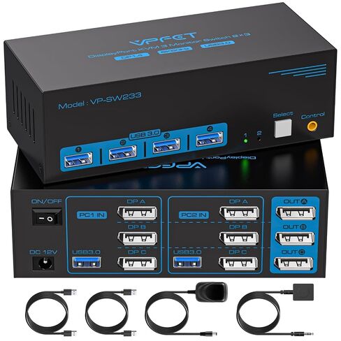8K@60Hz KVM Switch 3 Monitors 2 Computers Displayport 4K@120Hz | DP KVM Switches Triple Monitor Dual Port for 2 PC/Laptops Share 4 USB 3.0 Ports Support Extended & Duplicate Display Mode in Saudi Arabia