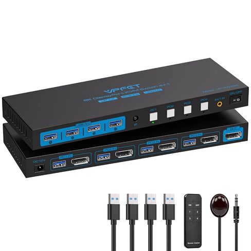 8K Displayport KVM Switch 4 Computers 1 Monitors 4K144Hz USB3.0 KVM Switch | for 4 Computers Share 1 Monitor and 4 USB Devices Support Extended/Copy Mode with Desktop Controller and 4 USB 3.0 Cable in Saudi Arabia