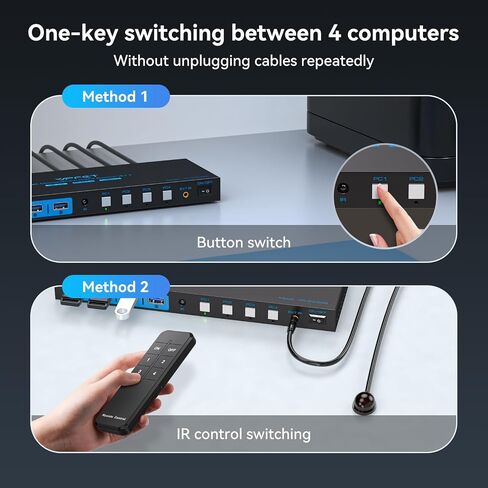 8K Displayport KVM Switch 4 Computers 1 Monitors 4K144Hz USB3.0 KVM Switch | for 4 Computers Share 1 Monitor and 4 USB Devices Support Extended/Copy Mode with Desktop Controller and 4 USB 3.0 Cable in Saudi Arabia
