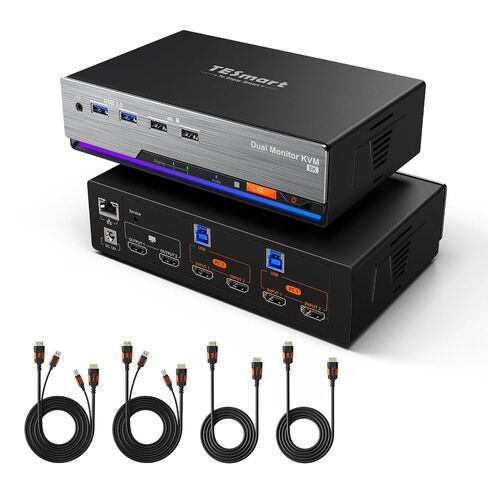 TESmart 8K @ 60 هرتز HDMI KVM Switch 2 شاشات 2 كمبيوتر USB 3.0، HDMI KVM Switch شاشة مزدوجة 4K @ 144 هرتز لقاعدة الألعاب، دعم EDID، شبكة جيجابت، مفتاح التشغيل السريع، الصوت والميكروفون مع جميع كابلات الإدخال in Kuwait