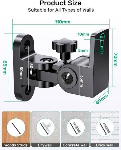 Surround Rear Speaker Wall Mount, Up to 32 lbs, Swivel and Tilt, 2 Pack | Zinc Alloy Mount, Fits Keyhole and Thread Hole, for Small Bookshelf Speakers, Works with Klipsch, LG, Polk, Sony and More in Saudi Arabia