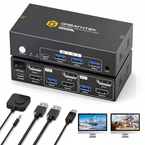 HDMI+Displayport KVM Switch 2 Monitors 2 Computers 8K@60HZ Dual Monitors KVM Switcher for 2 PC/Laptops Share Mouse Keyboard and 2 Screens,with USB3.0 Ports/Wired Controller EDID Adapative in Saudi Arabia
