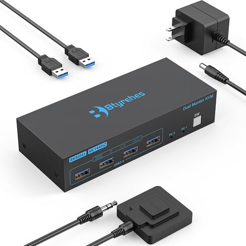 8K HDMI KVM Switch 2 Monitors 2 Computers, 8K@60Hz Dual Monitor Kvm Switch | Support 4K@144Hz KVM Switcher PC Extended Display for 2 Port Share 4 USB 3.0 HUB Desktop Controller and 2 USB Cables Included in Saudi Arabia