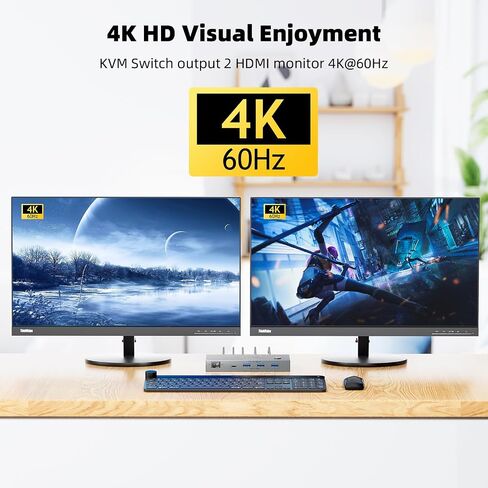 KCEVE KVM Switch 2 Monitors 2 Laptops USB C | KVM Switch Dual Monitor HDMI 4K@60Hz for 2 Laptops Share 4 USB 3.0 Devices with 80W PD, with 2 USB-C Cables and Wired Remote in Saudi Arabia