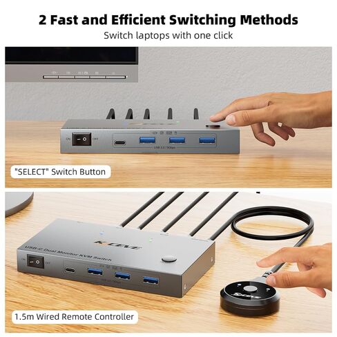 KCEVE KVM Switch 2 Monitors 2 Laptops USB C | KVM Switch Dual Monitor HDMI 4K@60Hz for 2 Laptops Share 4 USB 3.0 Devices with 80W PD, with 2 USB-C Cables and Wired Remote in Saudi Arabia