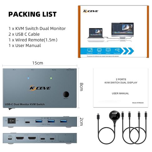 KCEVE KVM Switch 2 Monitors 2 Laptops USB C | KVM Switch Dual Monitor HDMI 4K@60Hz for 2 Laptops Share 4 USB 3.0 Devices with 80W PD, with 2 USB-C Cables and Wired Remote in Saudi Arabia