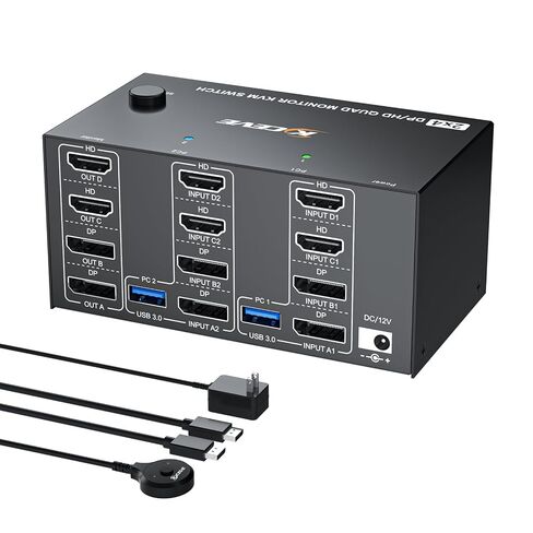 شاشة رباعية KVM Switch 4 شاشات 2 جهاز كمبيوتر 4K120 هرتز/8K@30 هرتز | إخراج شاشة رباعية لجهازي كمبيوتر؛ إدخال 2 منفذ HD+2 DP، التوصيل والتشغيل بدون سائق in Kuwait