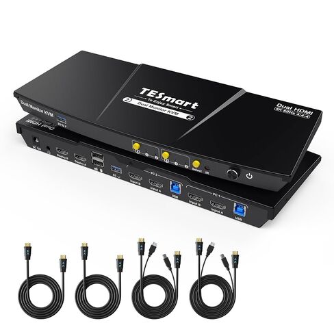 TESmart USB 3.0 HDMI KVM Switch 2 شاشات 2 أجهزة كمبيوتر 4K @ 60 هرتز، شاشة مزدوجة KVM Switch HDMI 2 منفذ عرض ممتد، صوت وميكروفون، محاكيات EDID، مفتاح Hotkey، مفتاح زر مع كابلات الإدخال in Kuwait