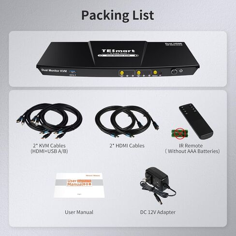 TESmart USB 3.0 HDMI KVM Switch 2 شاشات 2 أجهزة كمبيوتر 4K @ 60 هرتز، شاشة مزدوجة KVM Switch HDMI 2 منفذ عرض ممتد، صوت وميكروفون، محاكيات EDID، مفتاح Hotkey، مفتاح زر مع كابلات الإدخال in Kuwait