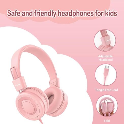 USB Type C On-Ear Kids Headphone for School, Wired Kids Headphones-Pink | 94 dB Volume Limiter USB C Wired On-Ear Headset for Kids/Toddlers/Children/Teens/Boys/Girls in Saudi Arabia
