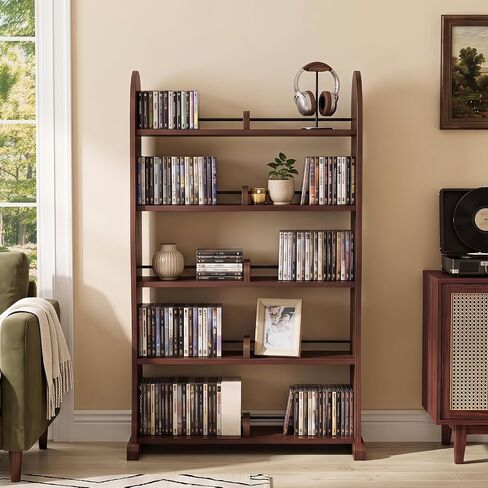LELELINKY 5-Tier DVD Storage Cabinet, DVD Shelf and CD Rack, Walnut | Freestanding Media Shelf With Adjustable Dividers For CDs, Blu-Ray,Video Games And Books in Saudi Arabia