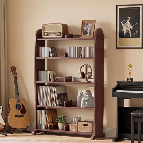 LELELINKY 5-Tier DVD Storage Cabinet, DVD Shelf and CD Rack, Walnut | Freestanding Media Shelf With Adjustable Dividers For CDs, Blu-Ray,Video Games And Books in Saudi Arabia
