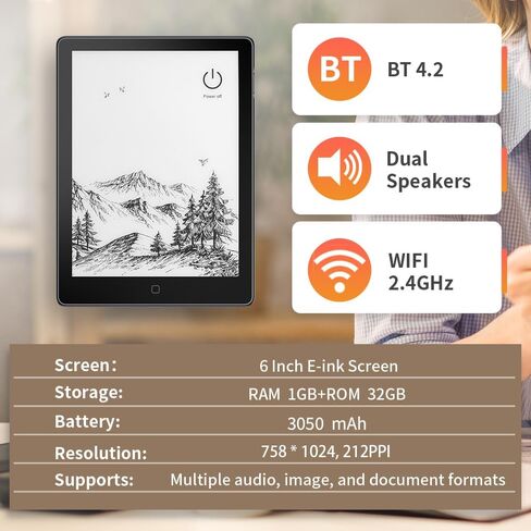 Veidoo 6 Inch E-Book Reader with Large E-Ink Screen, 32GB ROM, 758 x 1024, 212DPI, Adjustable SMARTlight, Android E-Reader, Built-in Speaker, WiFi E-Ink Tablet with Cover(Black) in Saudi Arabia