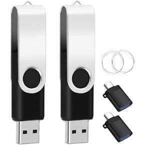 5-Pack of 4GB USB 2.0 Flash Drive Bulk with 5 USB-C Adapters & Keychains | EASTBULL High Speed USB Drives Pack 360 Rotatable Swivel Thumb Drives 4GB (Black) in Saudi Arabia