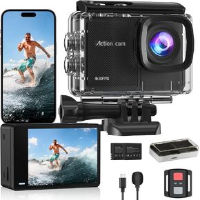 4K 60FPS Action Camera with 64GB Card-48MP Waterproof Camera,40M Underwater Camera,8X Zoom,EIS Stabilization,WiFi,Remote Control,MotorcycleCamera with 2 Rechargeable Batteries in Saudi Arabia