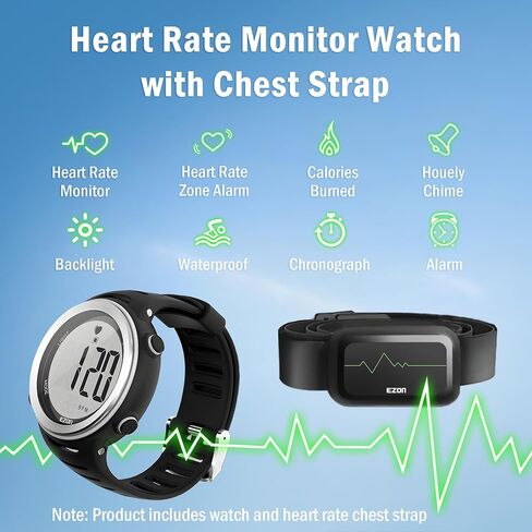 EZON Heart Rate Monitor and Chest Strap, Exercise Heart Rate Monitor, Sports Watch with HRM, Waterproof, Stopwatch, Hourly Chime T007 in Saudi Arabia