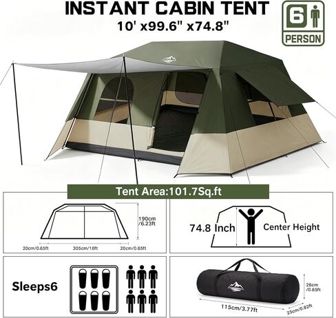 6 Person Tents for Camping Waterproof Family Cabin Tent with Full Rainfly | Setup in 60S Windproof Double Layer Large Cabin Tent, Spacious Breathable Family Camping Instant Tents with Carry Bag in Saudi Arabia